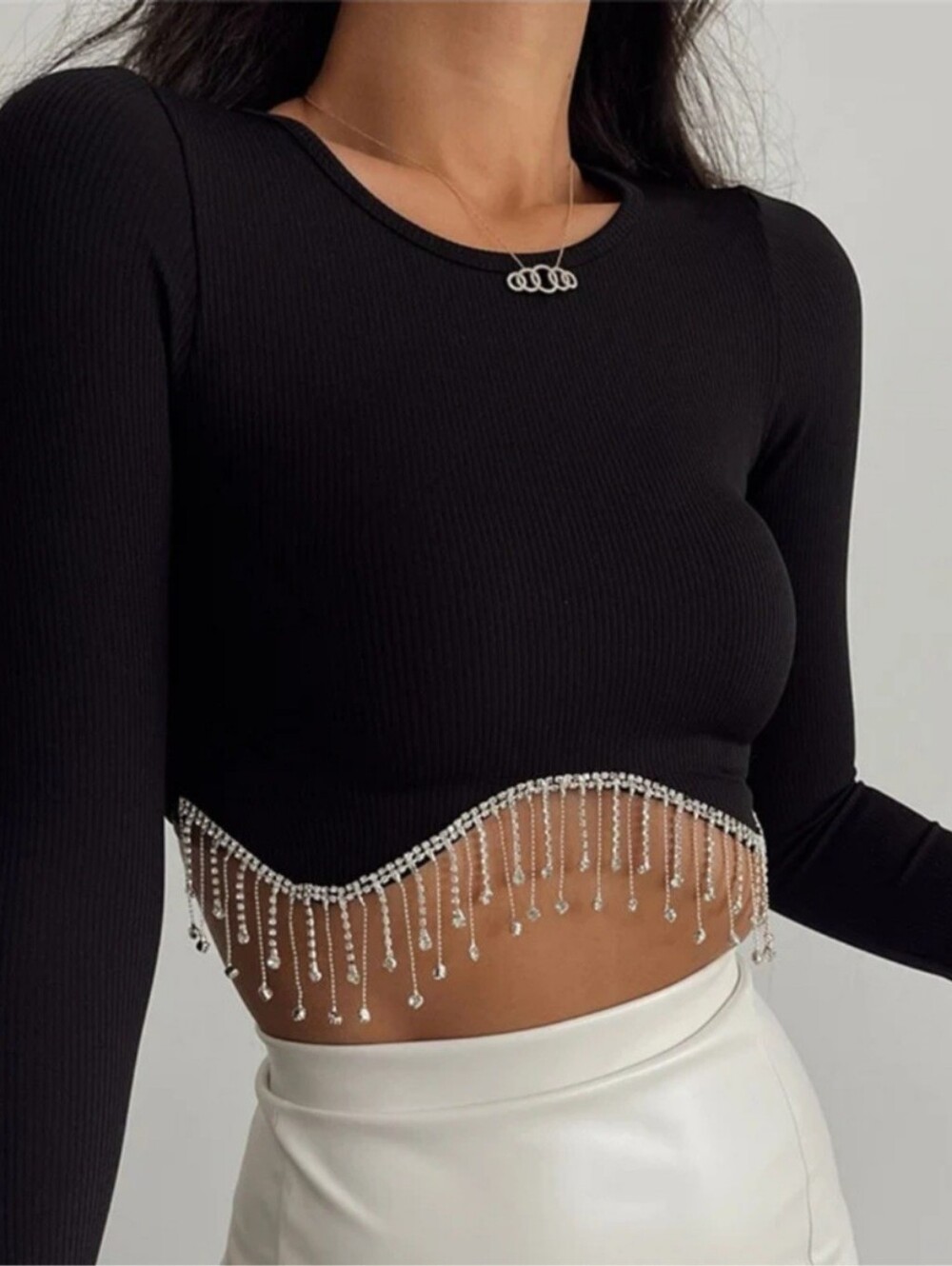 NWT Harper & Ivy Rhinestone Fringe Seamless Long Sleeve Crop Top Size XS